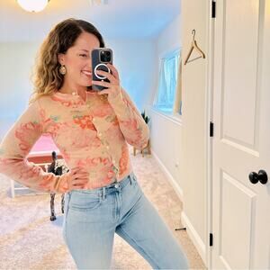 Anthropologie Postmarks Cream Pink Floral Intarsia Cardigan Sweater XS